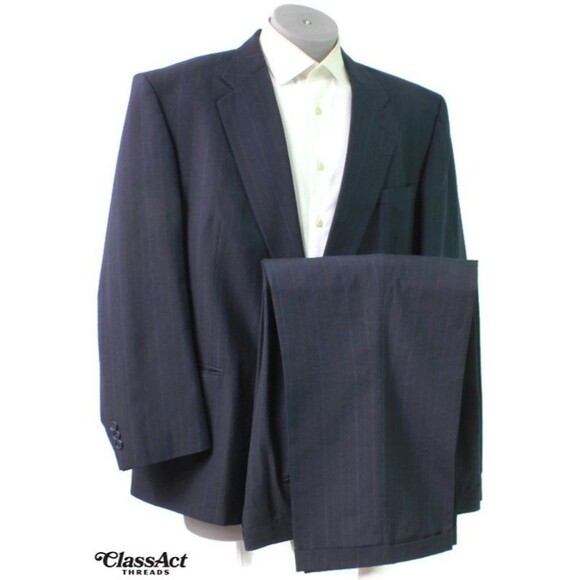 Towncraft 2 Piece Suit Men Blue Striped Wool Blend 2 Btn 48R Pleated Fronts 42 W - Picture 1 of 9